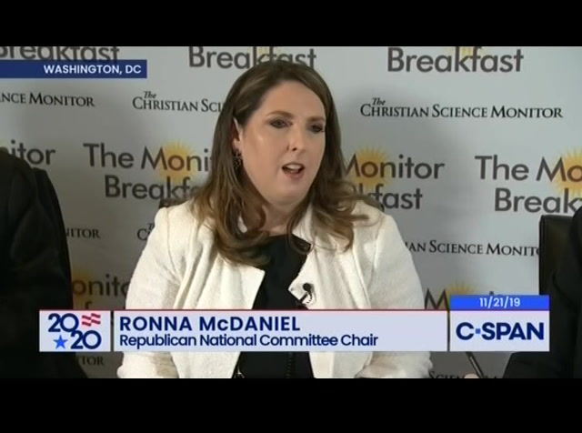 Campaign 2020 Republican National Committee Chair Ronna McDaniel at Christian Science Monitor : CSPAN : November 25, 2019 10:12pm-11:15pm EST