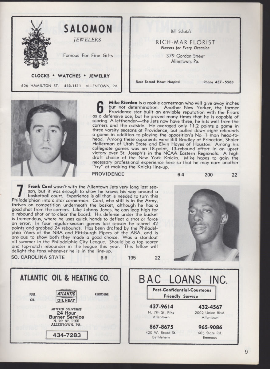 1967-68 ALLENTOWN JETS EPBL CHAMPIONS Basketball Program vs 