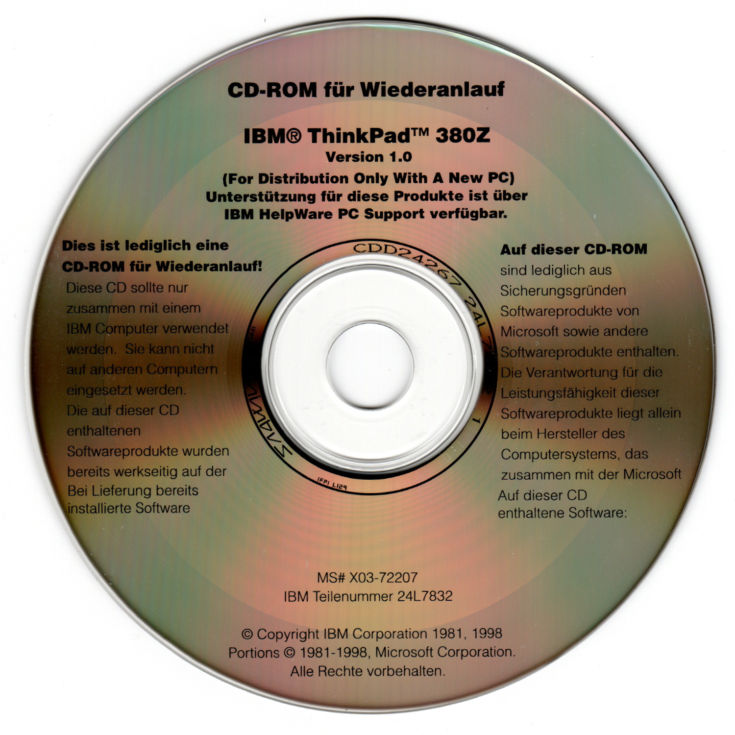 IBM ThinkPad 380Z Recovery & Application Disc (Windows 98 - German