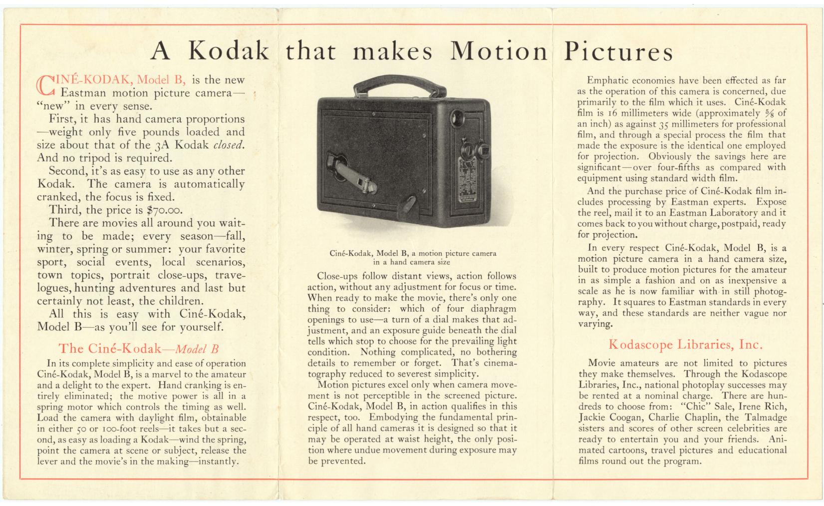 Cine-Kodak Model B pamphlet dated October 1, 1925