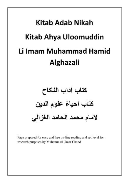 Kitab Adab Nikah Kitab Ahya Uloomuddin Li Imam Muhammad Hamid Alghazali