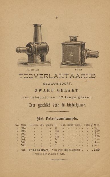 Thumbnail image of a page from Prijs-Courant No. 1 van Tooverlantaarns, Sciopticons, (Dissolving Views). Model Stoom- en Electrische Machines 