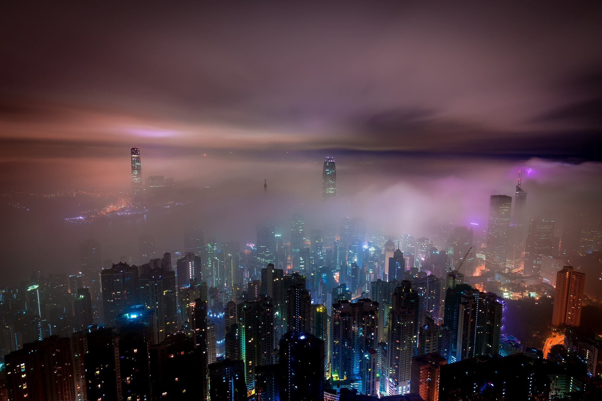 Misty Hong Kong Financial District Desktop Wallpaper