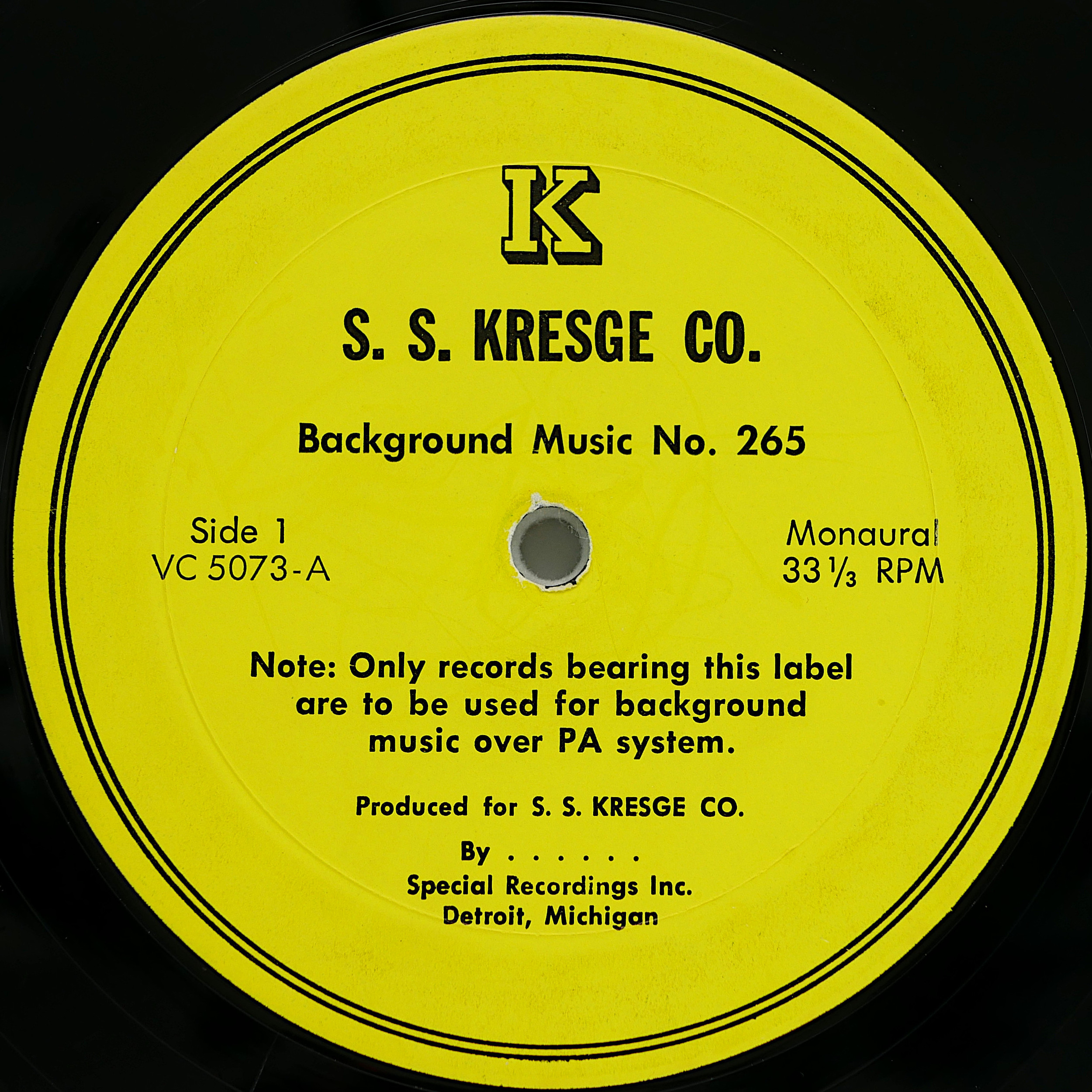 S. S. Kresge Background Music Record No. 265 : Special Recordings ...