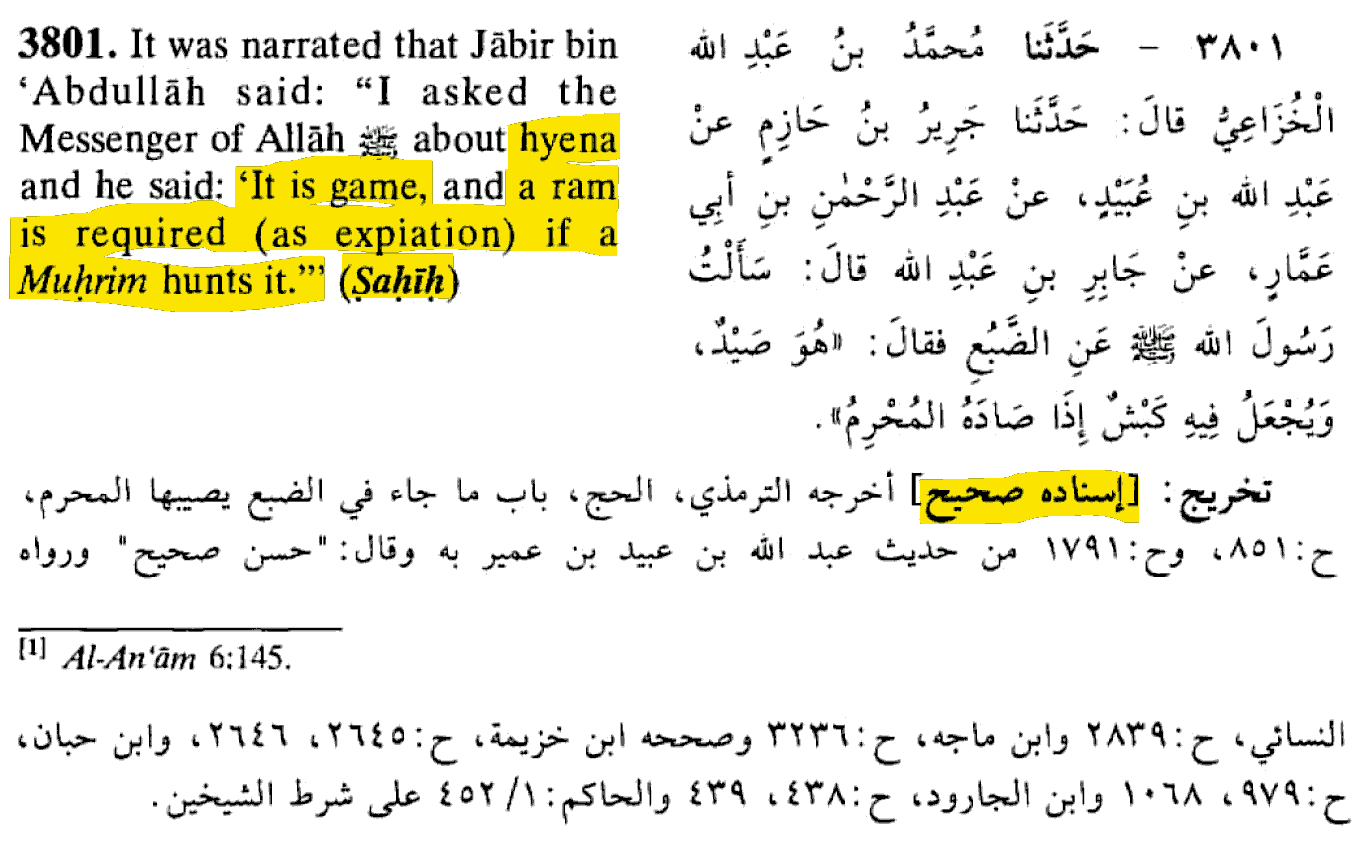 Hyena can be eaten according to Sahih Hadith 2