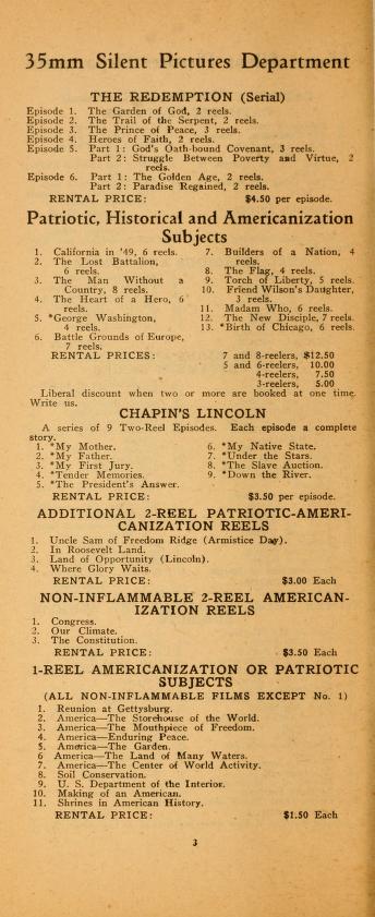 Thumbnail image of a page from Catalogue Listing 35mm and 16mm Motion Pictures Silent and Sound-on-Film