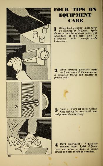 Thumbnail image of a page from Cine-film projection : a practical manual for users of all types of 16-mm. and narrow gauge film pro