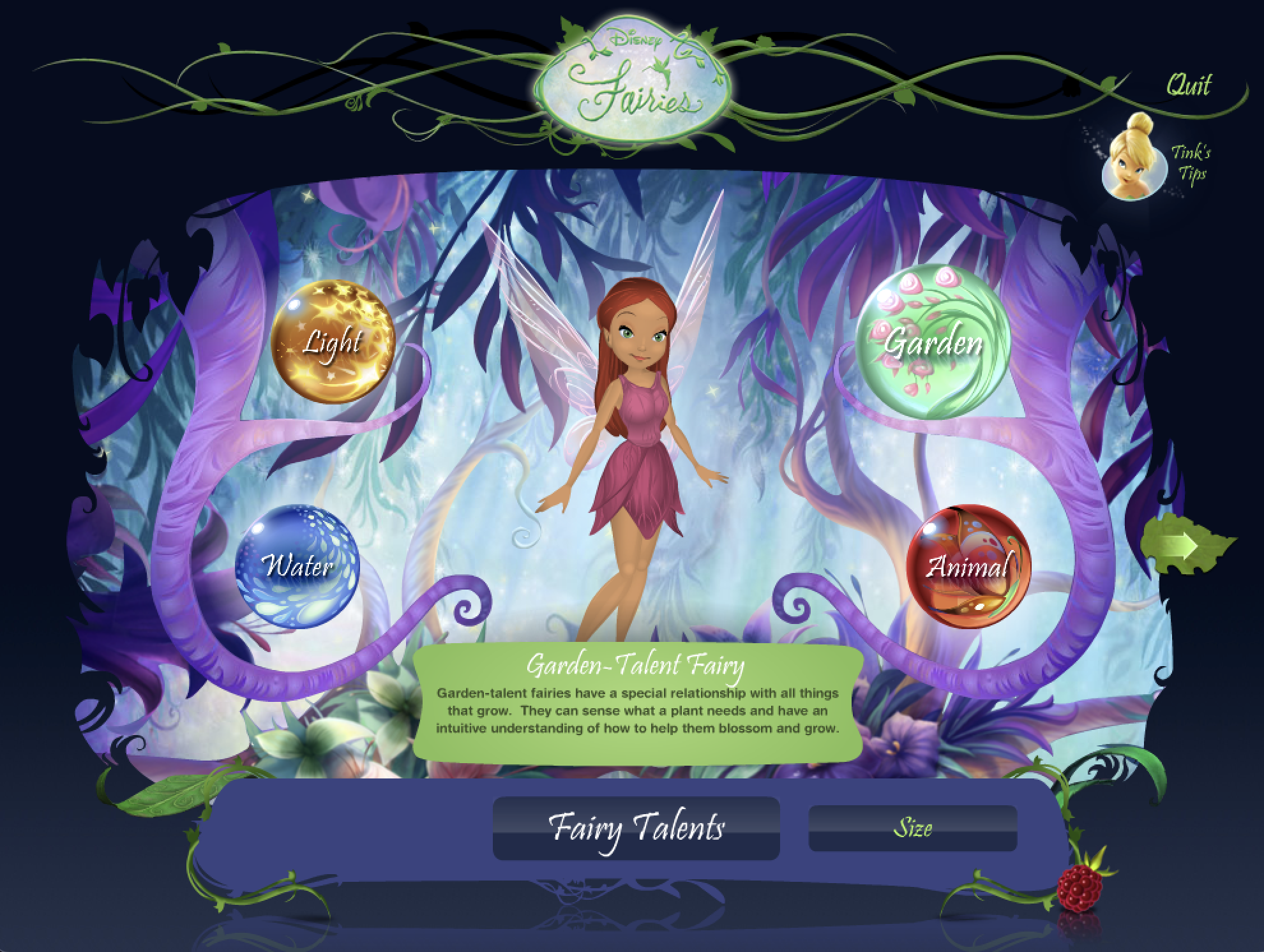 An image of the fairy creator with icons that state Animal, Garden, Water, Light. The avatar selected is an Garden Talent fairy with red hair and pink dress. 