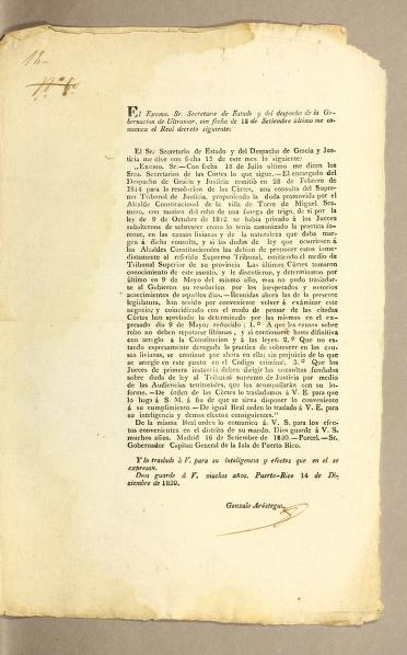 El Excmo. Sr. secretario de estado y del despacho de la gobernacion de Ultramar, con fecha de 18 de setiembre último me comunica el real decreto siguiente by Spain. Cortes (1820-1823)