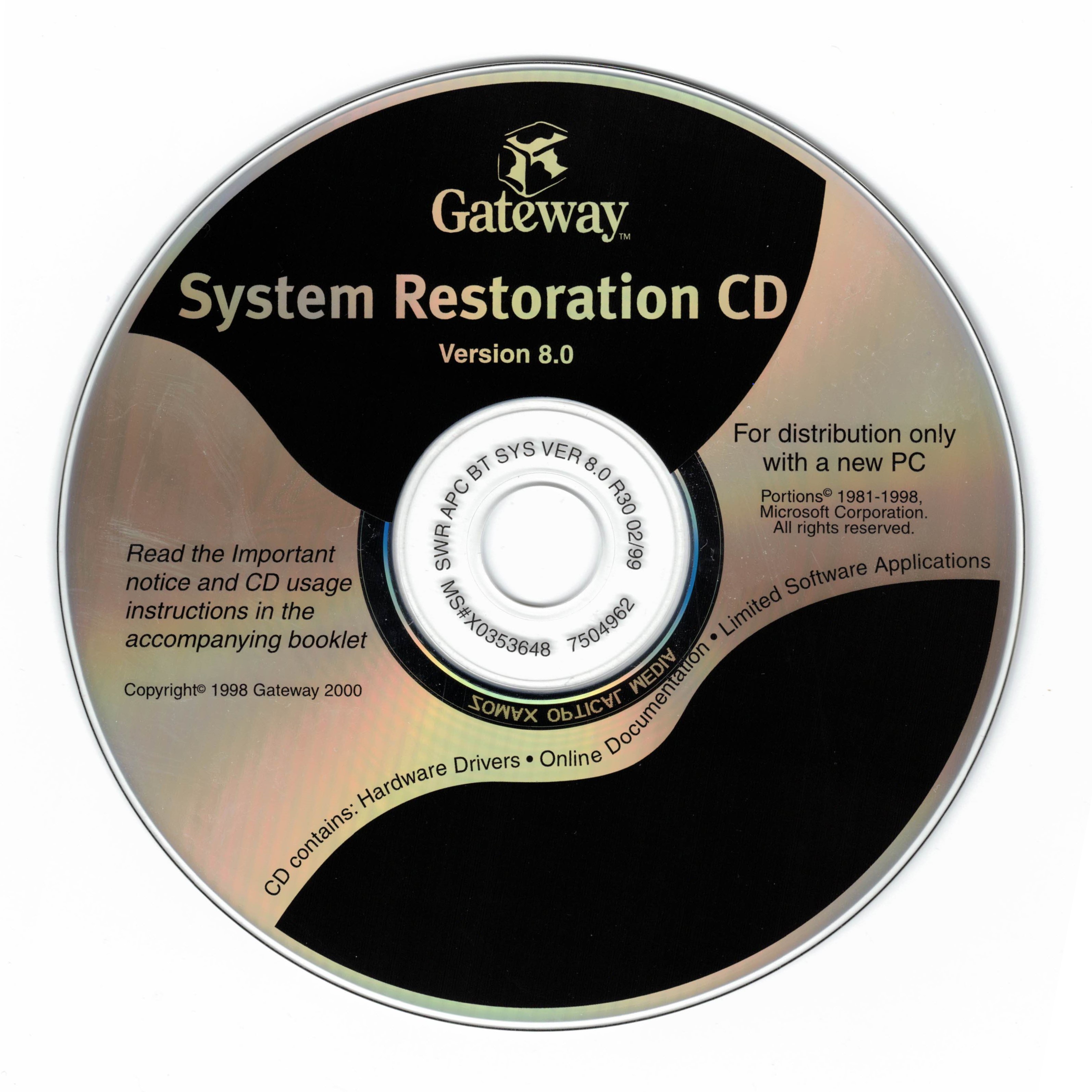 gateway system restore disk