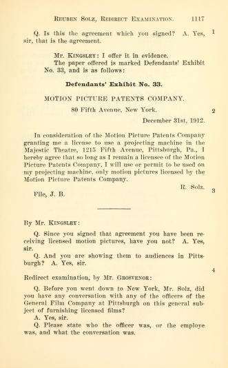Thumbnail image of a page from In the District Court of the United States, for the Eastern District of Pennsylvania, the United States of America, petitioner, vs. Motion Picture Patents Company, et al., defendants ...