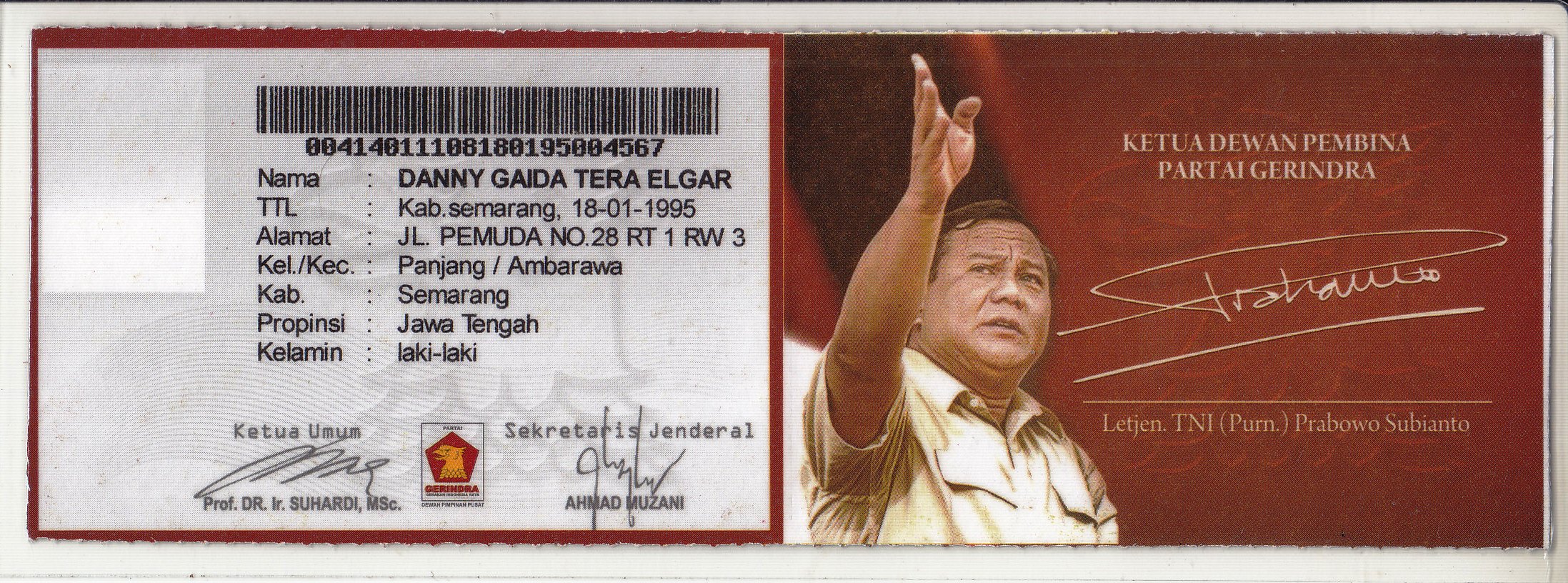 Kartu Tanda Anggota (KTA) Partai Gerakan Indonesia Raya (Gerindra ...