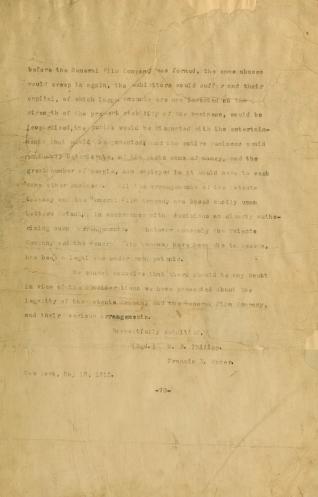 Thumbnail image of a page from Memorandum for the the Motion Picture Patents Company and the General Film Company concerning the investigation of their business by the Department of Justice / submitted by M.B. Philip and Francis T. Homer.
