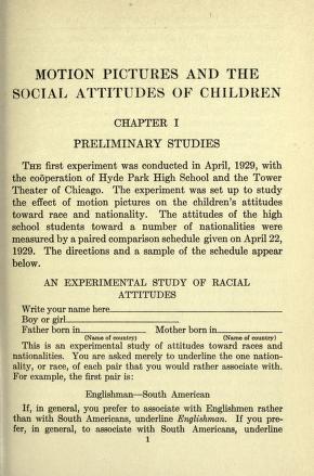Thumbnail image of a page from Motion pictures and the social attitudes of children