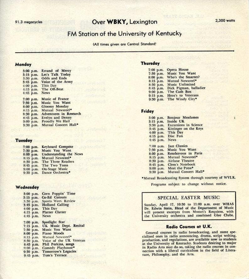Radio Presentations from the University of Kentucky in Lexington Beginning April 1, 1949