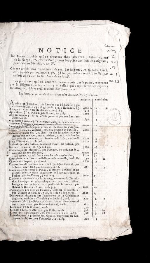 Notice de livres broche s qui se trouvent chez Chabert, libraire, rue de la Harpe, no. 485, a   Paris, dont les prix sont fixe  en assignats, jusqu'au 20 messidor, an IV by Chabert (Bookseller)