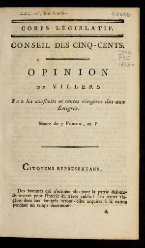 Opinion de Villers, sur les usufruits et rentes viage  res dus aux e migre s by Franc ʹois-Toussaint Villers