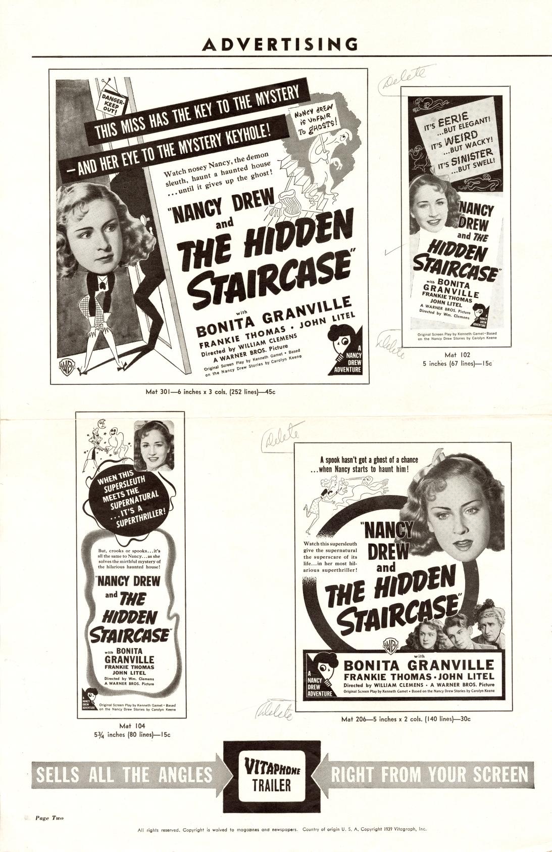 Nancy Drew and the Hidden Staircase(Warner Bros. Pressbook, 1939)
