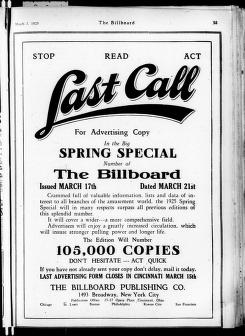 Thumbnail image of a page from The Billboard  1925-03-07: Vol 37 Iss 10