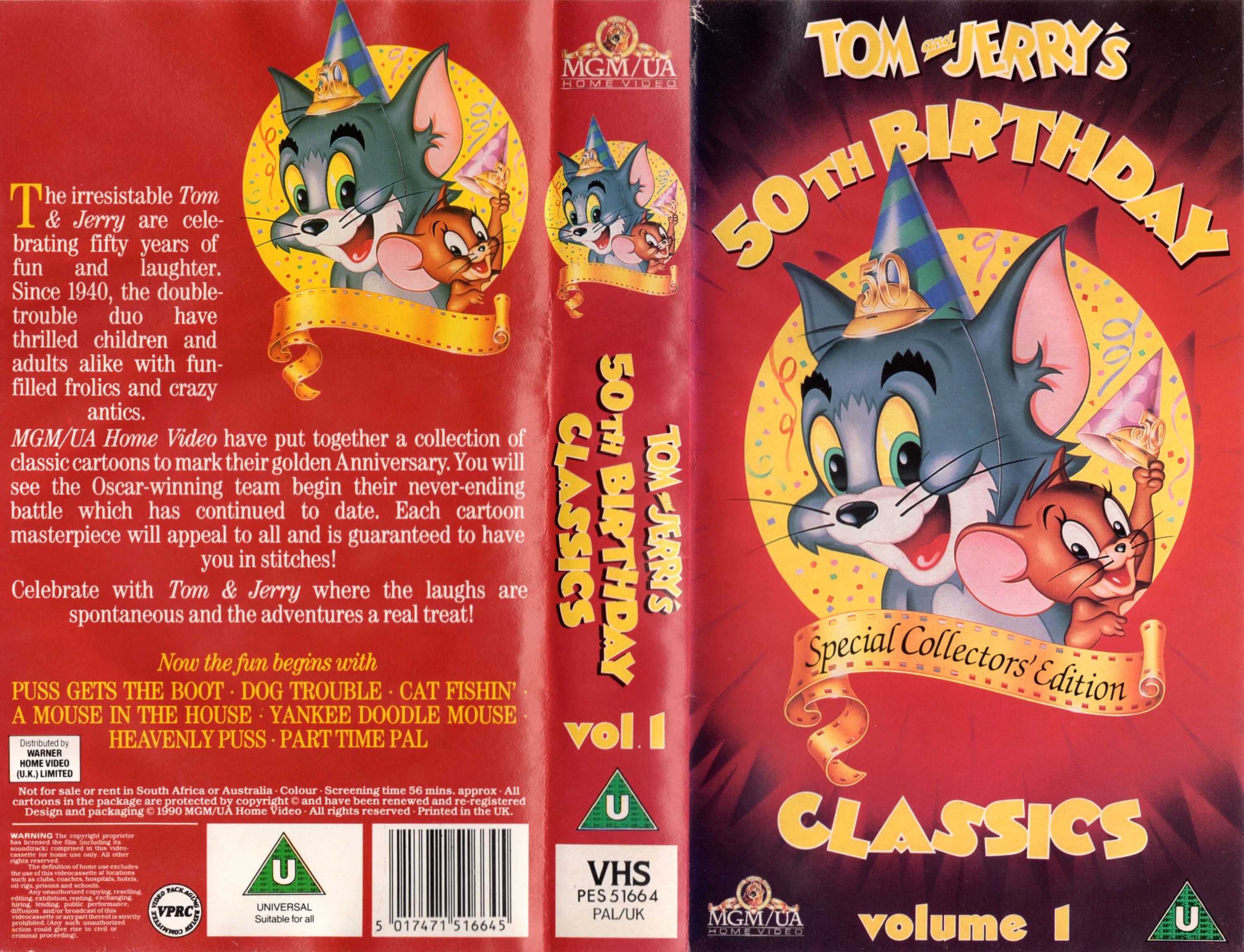 Tom and Jerry's 50th Birthday Classics Vol. 1 VHS Cover (1990) (UK) :  Warner Home Video (UK) Ltd : Free Download, Borrow, and Streaming :  Internet Archive