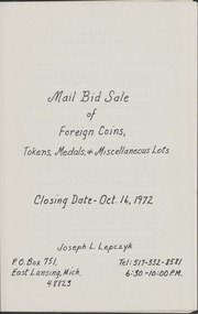 Mail Bid Sale of Foreign Coins, Tokens, Medals and Miscellaneous Lots: October 1972