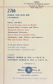 27th public and mail bid catalogue of choice and rare U.S. & foreign, coins & medals ... [03/30/1951]