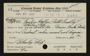 Entry card for Vinson, Carolyn Hadlow, and Smedly, Ruth; Rokesley Shop; Rorimer-Brooks Studios  for the 1919 May Show.