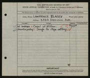 Entry card for Blazey, Lawrence for the 1924 May Show.