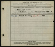 Entry card for Adams, Mary Jane for the 1926 May Show.