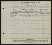 Entry card for Speck, Frank for the 1926 May Show.