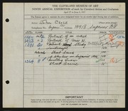 Entry card for Csosz, John for the 1927 May Show.