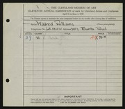 Entry card for Williams, Mildred for the 1929 May Show.