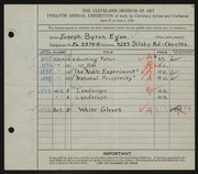 Entry card for Egan, Joseph Byron for the 1930 May Show.