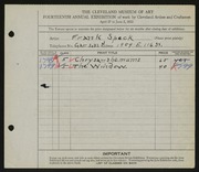 Entry card for Speck, Frank for the 1932 May Show.