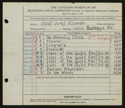 Entry card for Klamar, Jozef Juraj for the 1934 May Show.