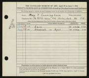 Entry card for Cunningham, Mary Phillips for the 1942 May Show.