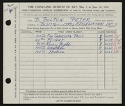 Entry card for Peter, Doris Bolton for the 1956 May Show.