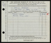 Entry card for Jablonski, Kathryn for the 1957 May Show.