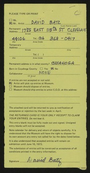 Entry card for Batz, David for the 1973 May Show.