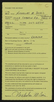 Entry card for Boris, Nicholas Michael for the 1973 May Show.