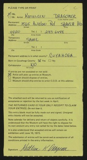 Entry card for Dragomer, Kathleen K. for the 1973 May Show.