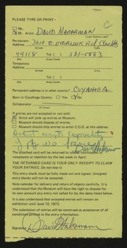 Entry card for Haberman, David Allen for the 1973 May Show.