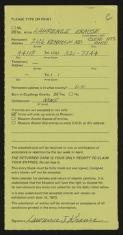 Entry card for Kraus, Lawrence for the 1973 May Show.