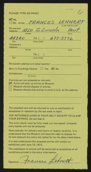 Entry card for Lehnert, Frances for the 1973 May Show.