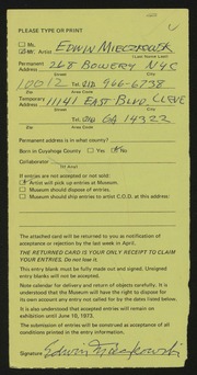 Entry card for Mieczkowski, Ed for the 1973 May Show.