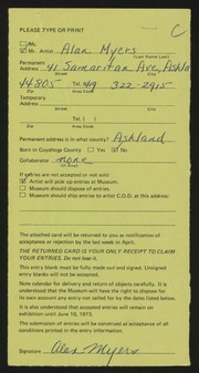 Entry card for Myers, Alan for the 1973 May Show.