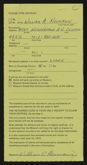 Entry card for Neumann, William A. for the 1973 May Show.