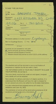 Entry card for Taxel, Barney for the 1973 May Show.