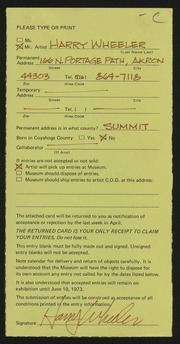 Entry card for Wheeler, Harry for the 1973 May Show.