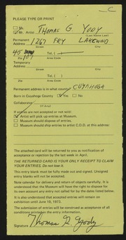 Entry card for Yody, Thomas G. for the 1973 May Show.